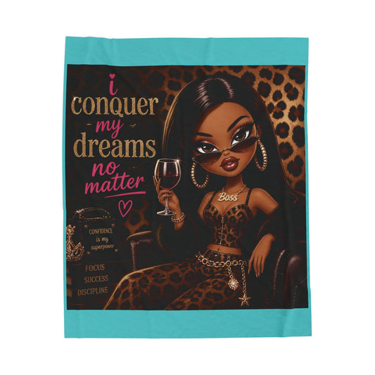 I Conquer My Dreams No Matter Leopard Girl Velveteen Plush Blanket